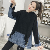 Hosszú női pehely pulóver farmer darabokkal