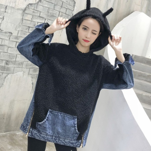 Hosszú női pehely pulóver farmer darabokkal