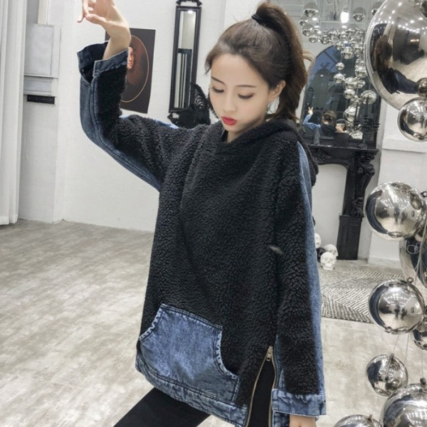 Hosszú női pehely pulóver farmer darabokkal