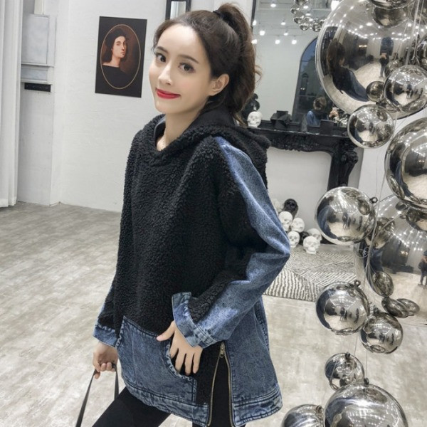 Hosszú női pehely pulóver farmer darabokkal