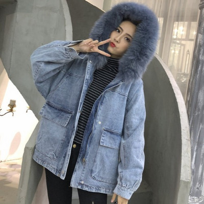 Modern női farmerdzseki pehely kapucnival