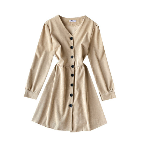 Modern női ruha spitz nyakkivágással és gombokkal fekete, bézs és barna színben
