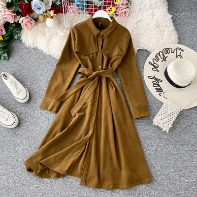 Stílusos női szabású ruha övvel és hosszú ujjú több színben