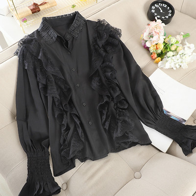 Κομψό γυναικείο πουκάμισο με δαντέλα και κλασικό γιακά σε τρία χρώματα