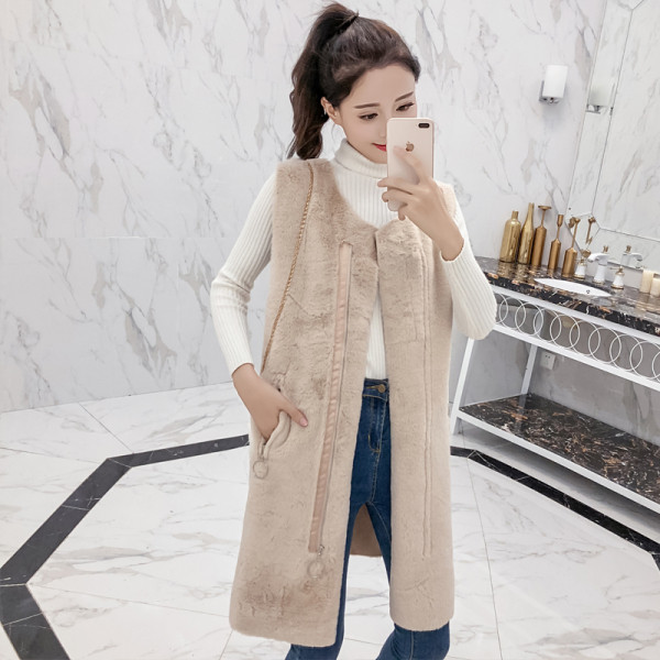 Μοντέρνο μακρύ γιλέκο σε μπεζ και λευκό χρώμα με φερμουάρ