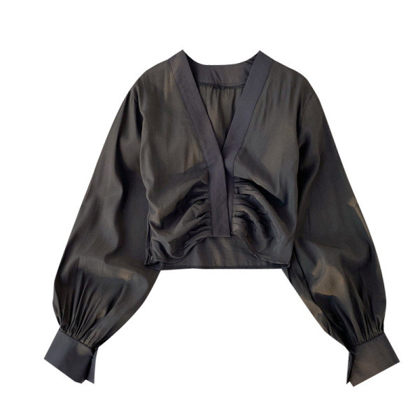 Modern női rövid ing spitz nyakkivágással és hosszú ujjú fekete, fehér és barna színekben