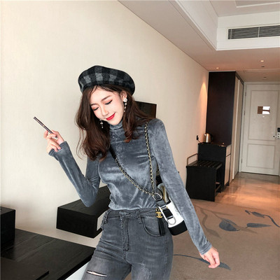 Modern női bársony blúz három színben polo gallérral