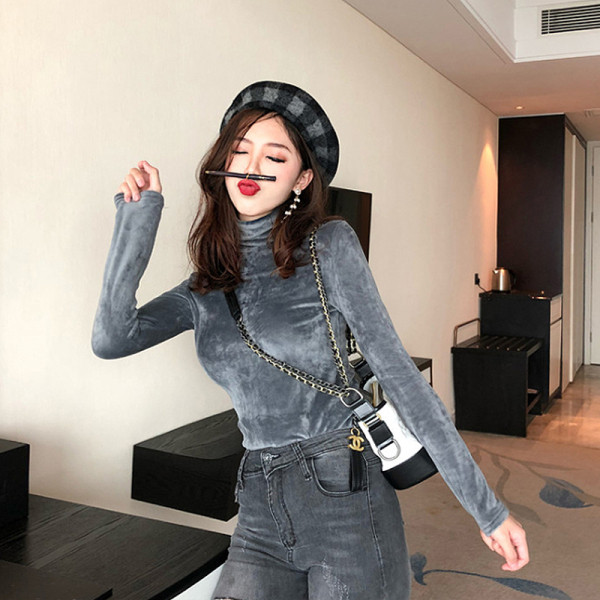 Modern női bársony blúz három színben polo gallérral