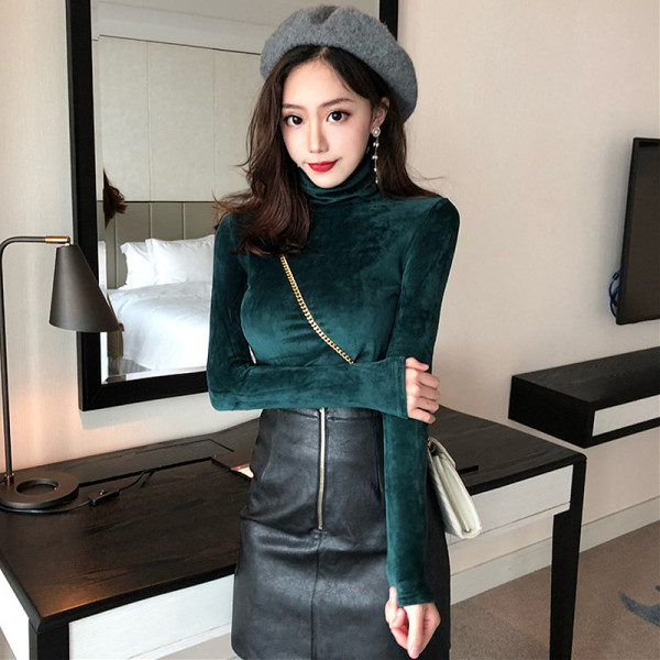 Modern női bársony blúz három színben polo gallérral