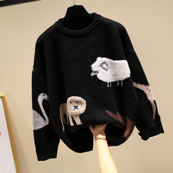 Női téli pulóver kerek nyakkivágással és hímzéssel