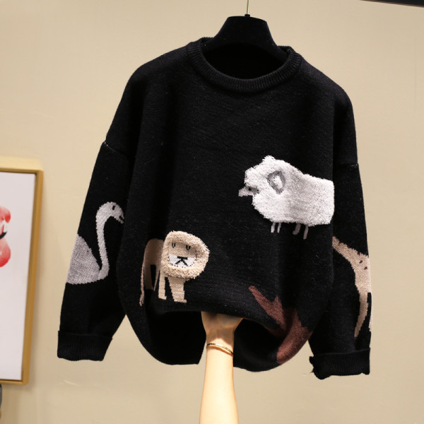 Női téli pulóver kerek nyakkivágással és hímzéssel