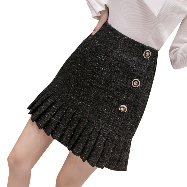 Modern női szoknya fekete színben, gombokkal, magas derékkal