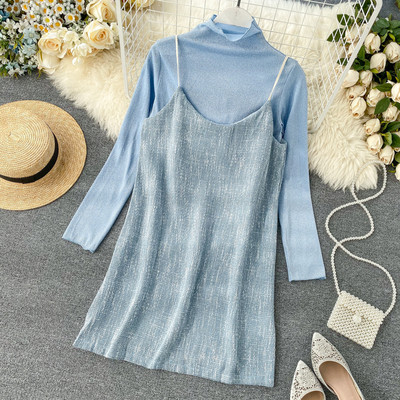 Γυναικείο σετ μπλούζα και φόρεμα σε πράσινο, μπλε και ροζ χρώμα