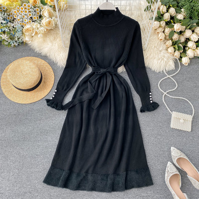 Alkalmi női ruha hosszú ujjal és övvel öt színben