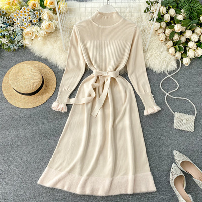 Alkalmi női ruha hosszú ujjal és övvel öt színben