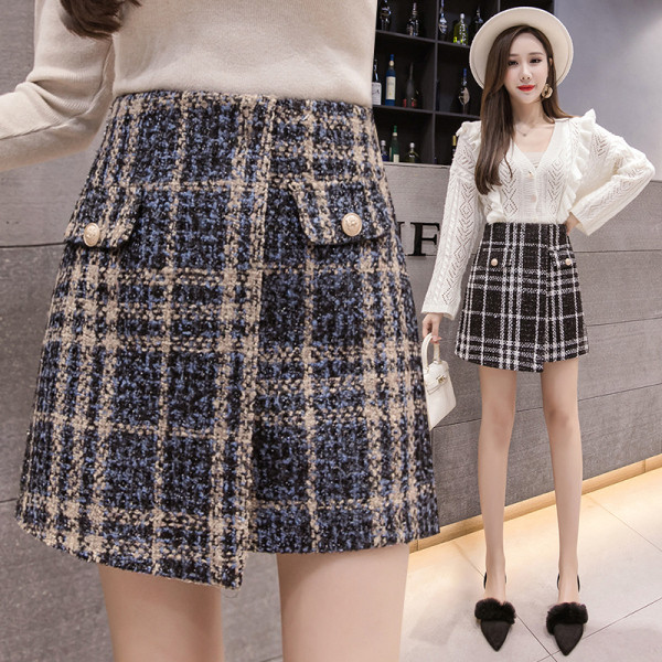 Kockás női szoknya két színben, magas derékkal, gombokkal