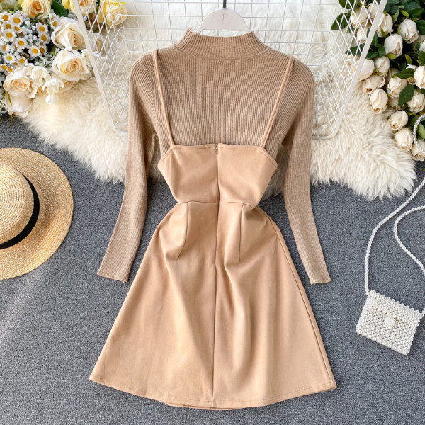 Modern női szett barna, fekete és bézs színű ruhával és blúzzal