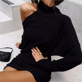 Modern női ruha csupasz váll és nyakkendős fekete színben