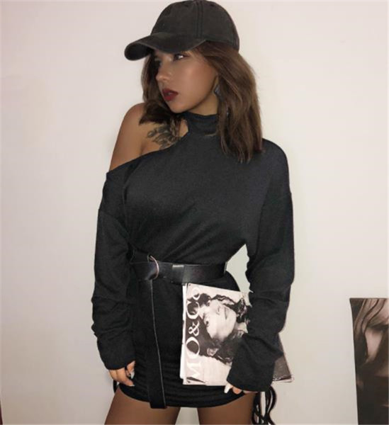 Modern női ruha csupasz váll és nyakkendős fekete színben