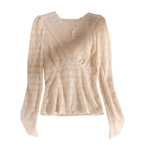 Μοντέρνα γυναικεία μπλούζα με λαιμόκοψη στο μπεζ και λευκό χρώμα