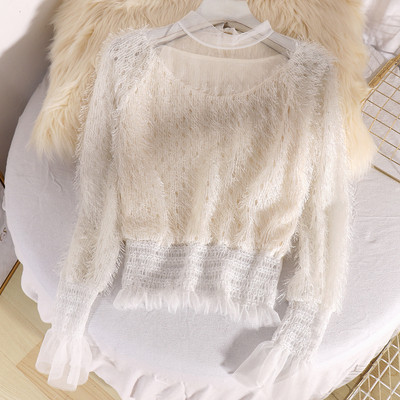 Modern, hosszú ujjú női blúz, tüll fehér, fekete és rózsaszín színben