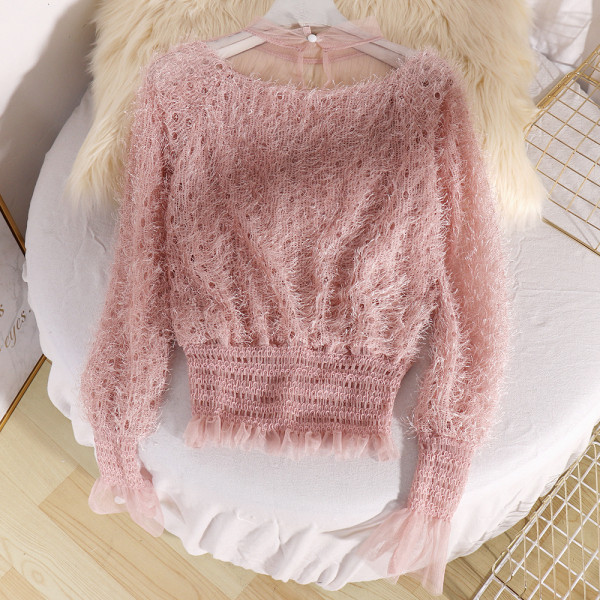 Modern, hosszú ujjú női blúz, tüll fehér, fekete és rózsaszín színben