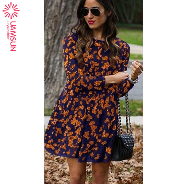 Μοντέρνο γυναικείοα φθινοπωρινό φόρεμα με μακρύ μανίκι με O-λαιμόοψη σε δύο χρώματα