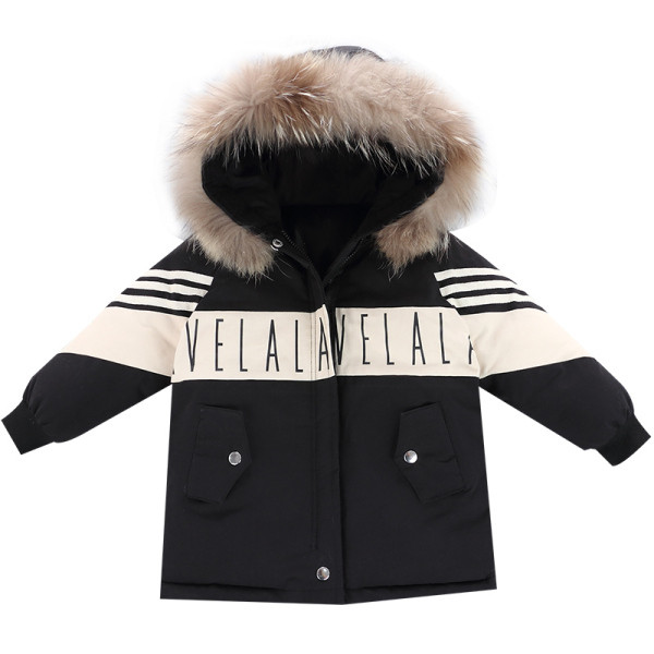 Modern gyerek kabát tollal és kapucnival fiúknak fekete és piros színben