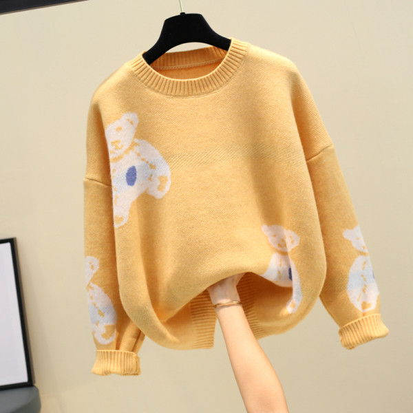 Μοντέρνο χειμερινό πουλόβερ για γυναίκες με στρογγυλό ντεκολτέ σε κίτρινο, μοβ και πράσινο χρώμα