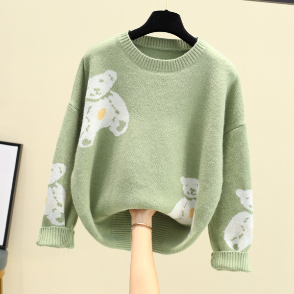 Μοντέρνο χειμερινό πουλόβερ για γυναίκες με στρογγυλό ντεκολτέ σε κίτρινο, μοβ και πράσινο χρώμα