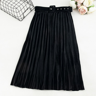 Modern női bársony szoknya övvel és magas derékkal