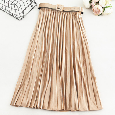 Modern női bársony szoknya övvel és magas derékkal