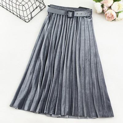 Modern női bársony szoknya övvel és magas derékkal