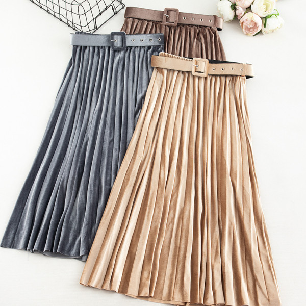 Modern női bársony szoknya övvel és magas derékkal