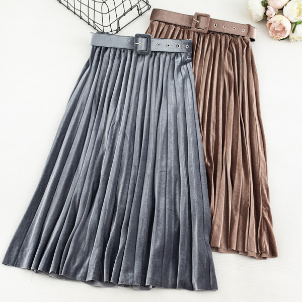 Modern női bársony szoknya övvel és magas derékkal