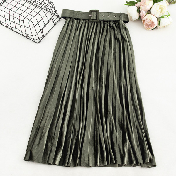 Modern női bársony szoknya övvel és magas derékkal