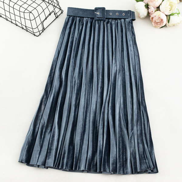 Modern női bársony szoknya övvel és magas derékkal