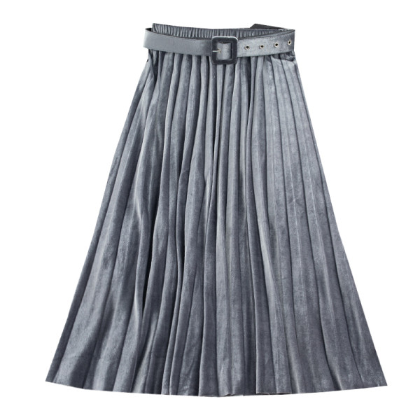 Modern női bársony szoknya övvel és magas derékkal