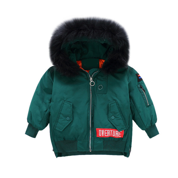 Modern gyerekkabát kapucnival és pehellyel fiúknak zöld és fekete színben