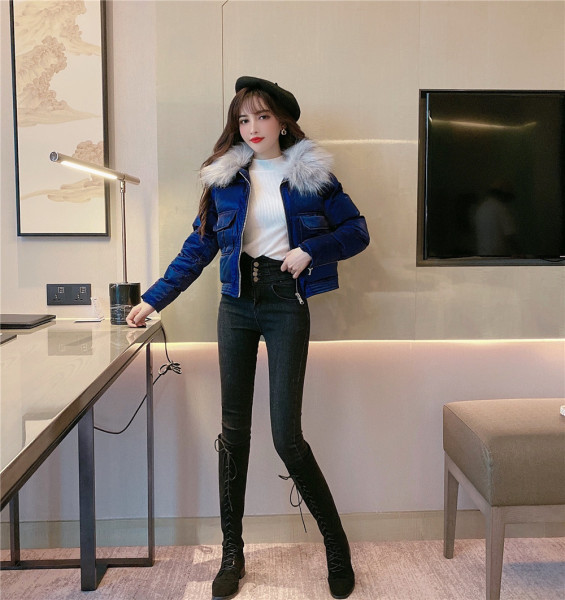 Rövid tavaszi-őszi női bársony kabát pehelyszínnel