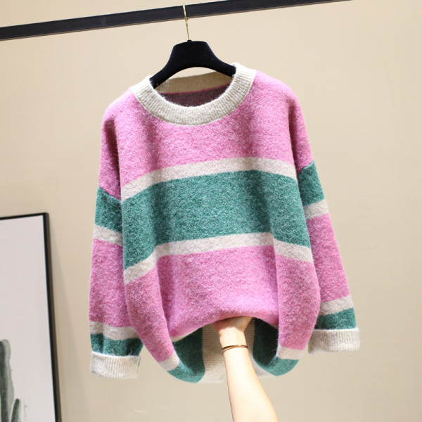 Női téli csíkos pulóver kerek nyakkivágással