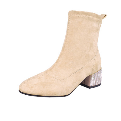 Γυναικείες μπότες από οικολογικό σουέτ με διακοσμητηκές πέτρες σε μαύρο και μπεζ χρώμα