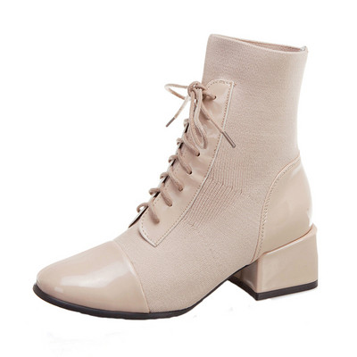 Casual γυναικείες μπότες  με κορδόνια σε μαύρο και μπεζ χρώμα