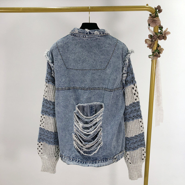 Γυναικείο casual μπουφάν τζην με πλεκτά μανίκια