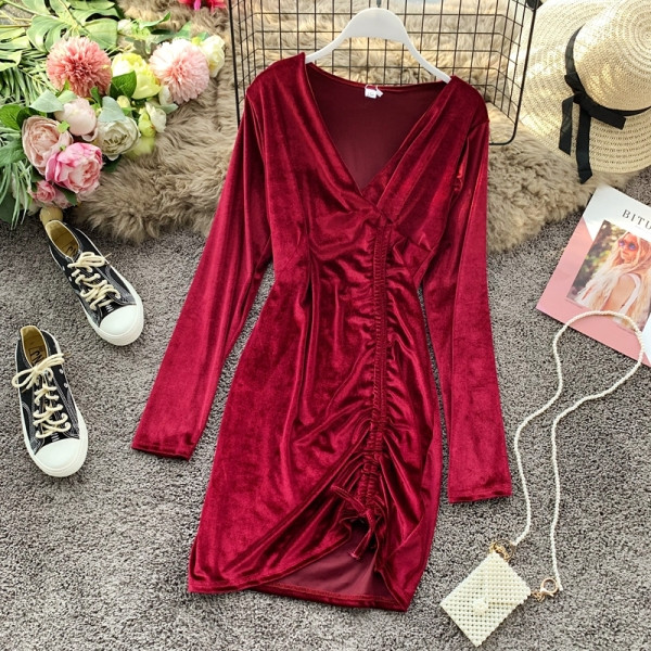 Modern női ruha spitz nyakkivágással és nyakkendővel, négy színben