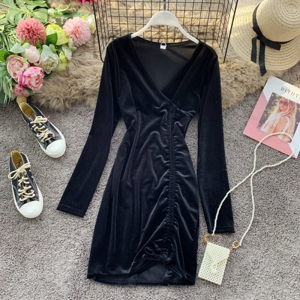 Modern női ruha spitz nyakkivágással és nyakkendővel, négy színben