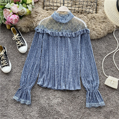 Modern női ing magas gallérral és tüll kék-fehér színben