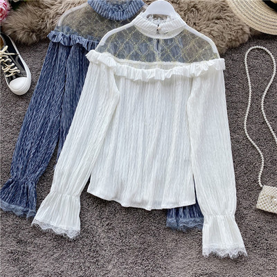 Modern női ing magas gallérral és tüll kék-fehér színben