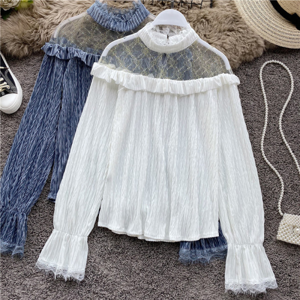 Modern női ing magas gallérral és tüll kék-fehér színben