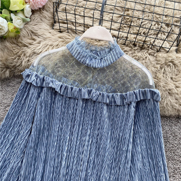 Modern női ing magas gallérral és tüll kék-fehér színben